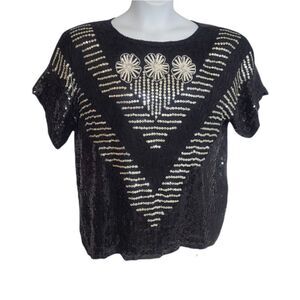 VINTAGE 80s top silk black beaded sequin floral‎ short sleeve elegant XL